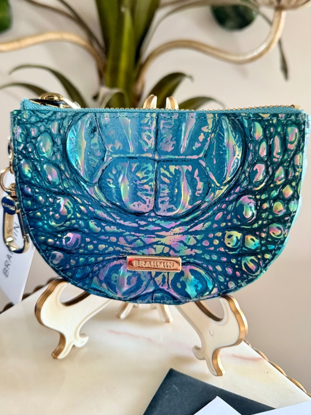🩵💙 NWT Brahmin Blue Topaz Britt Front Eye Leather Coin Purse CC Wallet Clip On